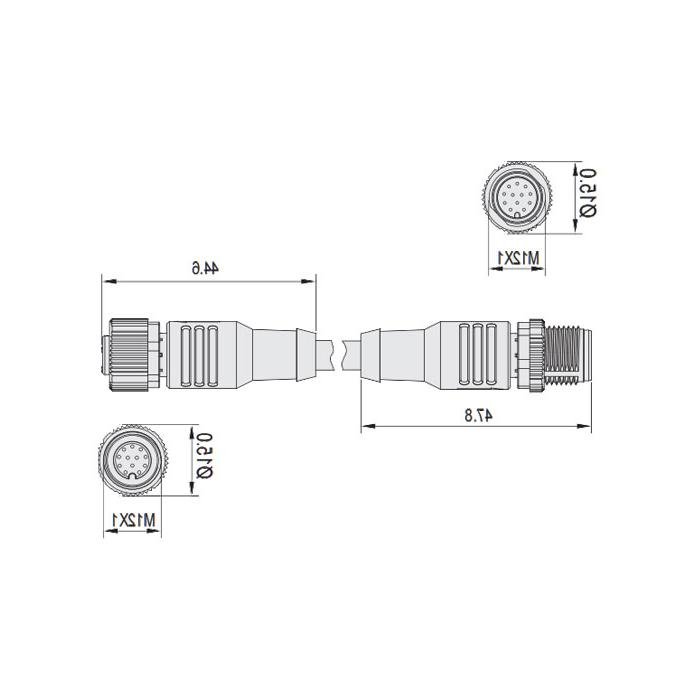 M12 12Pin、母头直型转公头直型、双端预铸PUR柔性电缆、黑色护套、64DA12-XXX